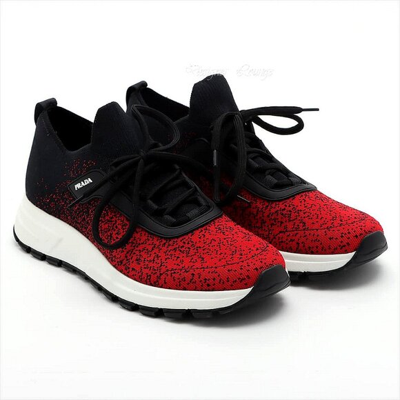 NEW PRADA Men's Knit 2 Red Black Textile Low Top Logo Sneakers UK 10 / US 11 - Picture 4 of 12